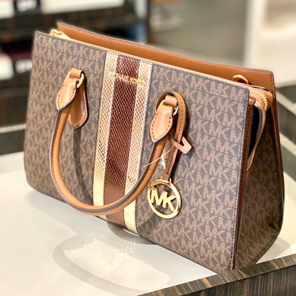 Michael Kors Sheila Medium Signature Logo Metallic Satchel Crossbody Bag - Picture 10 of 13